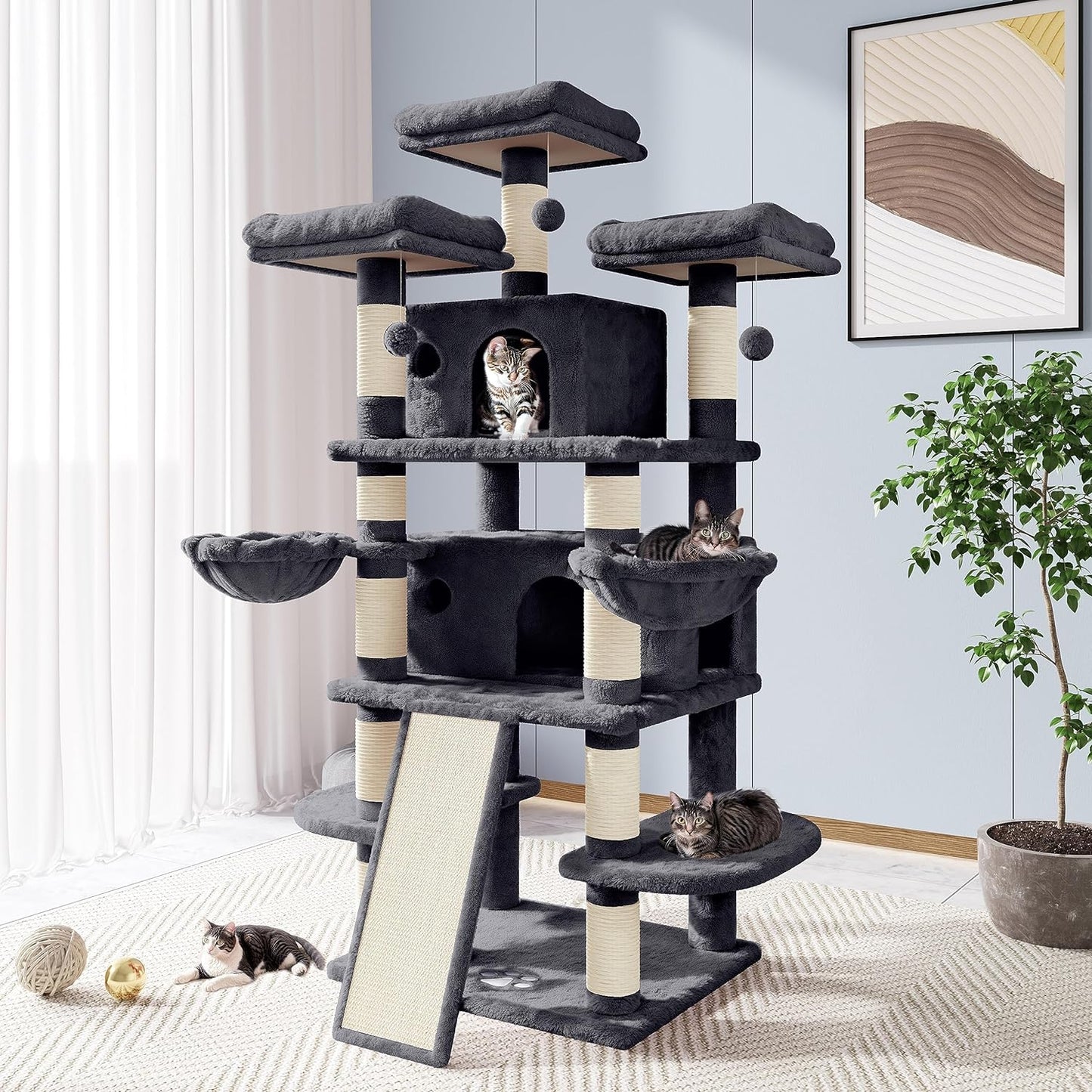 68 Inches Cat Tree/House and Towers for Big Feline/Scratching Post/Multi-Level Large Kitty Climbing Tree with Condo/Smokey Grey