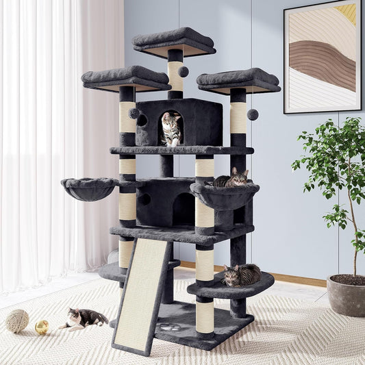 68 Inches Cat Tree/House and Towers for Big Feline/Scratching Post/Multi-Level Large Kitty Climbing Tree with Condo/Smokey Grey