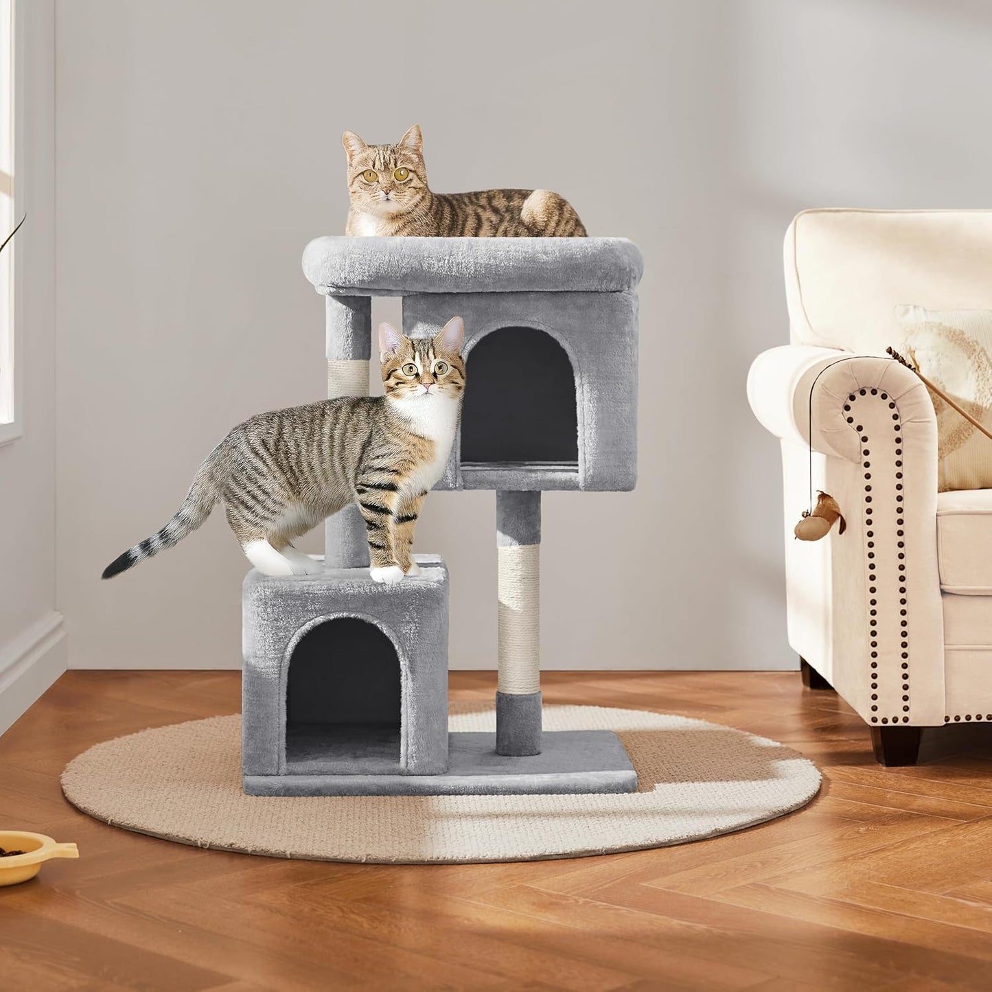 33.5In Cat Tree Tower for Indoor Cats W/2 Cozy Plush Condos, Oversized Perch & Sisal Scratching Posts, Stable Cat Stand House for Large Cats & Pets, Light Gray