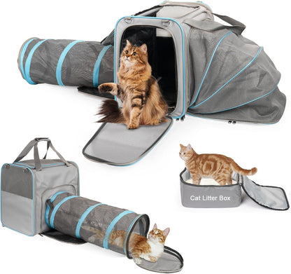 Cat Travel Carrier with Litter Box for Car, Expandable Cat Carrier with Pop Out Tunnel, Cat Carrier for Car Travel Long Distance, up to 20 Lb to Road Trip, Camping, Black