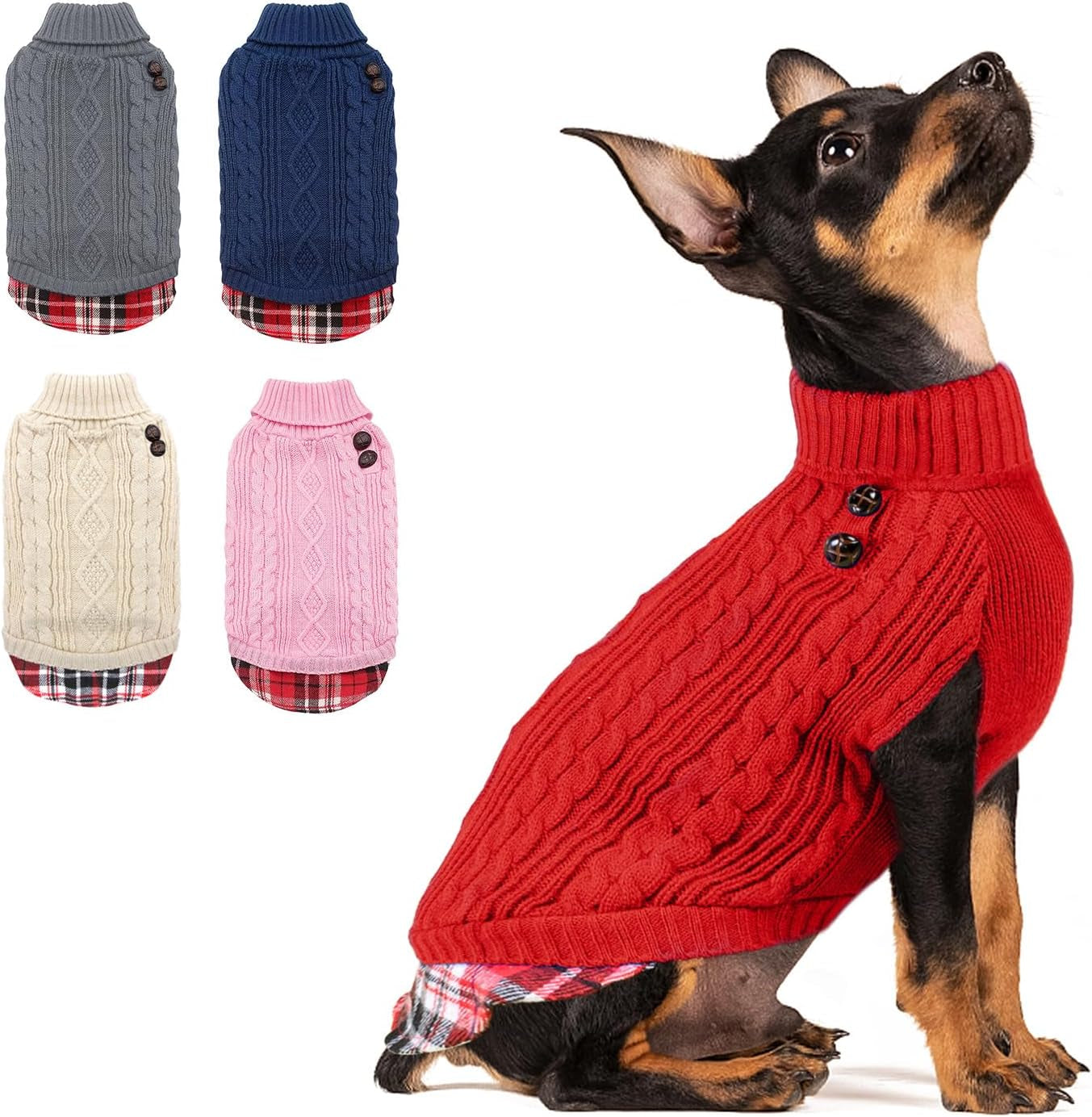 Dog Christmas Sweater Stretchy Pet Coat for Small Dogs Male Turtleneck Small Dog Sweater Red Puppy Clothes Knitwear Puppy Coats with Gingham Patchwork Pet Clothes for Fall Winter