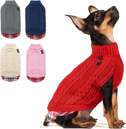 Dog Christmas Sweater Stretchy Pet Coat for Small Dogs Male Turtleneck Small Dog Sweater Red Puppy Clothes Knitwear Puppy Coats with Gingham Patchwork Pet Clothes for Fall Winter