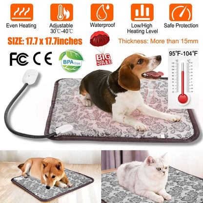 Pet Heating Pad, Waterproof Heated Bed Mat for Cats Dogs Puppies Bed Indoor, Electric Warming Pad Heating Blanket with Anti- Steel Cord, Dual Temperature Dual Control, 17.7Inch