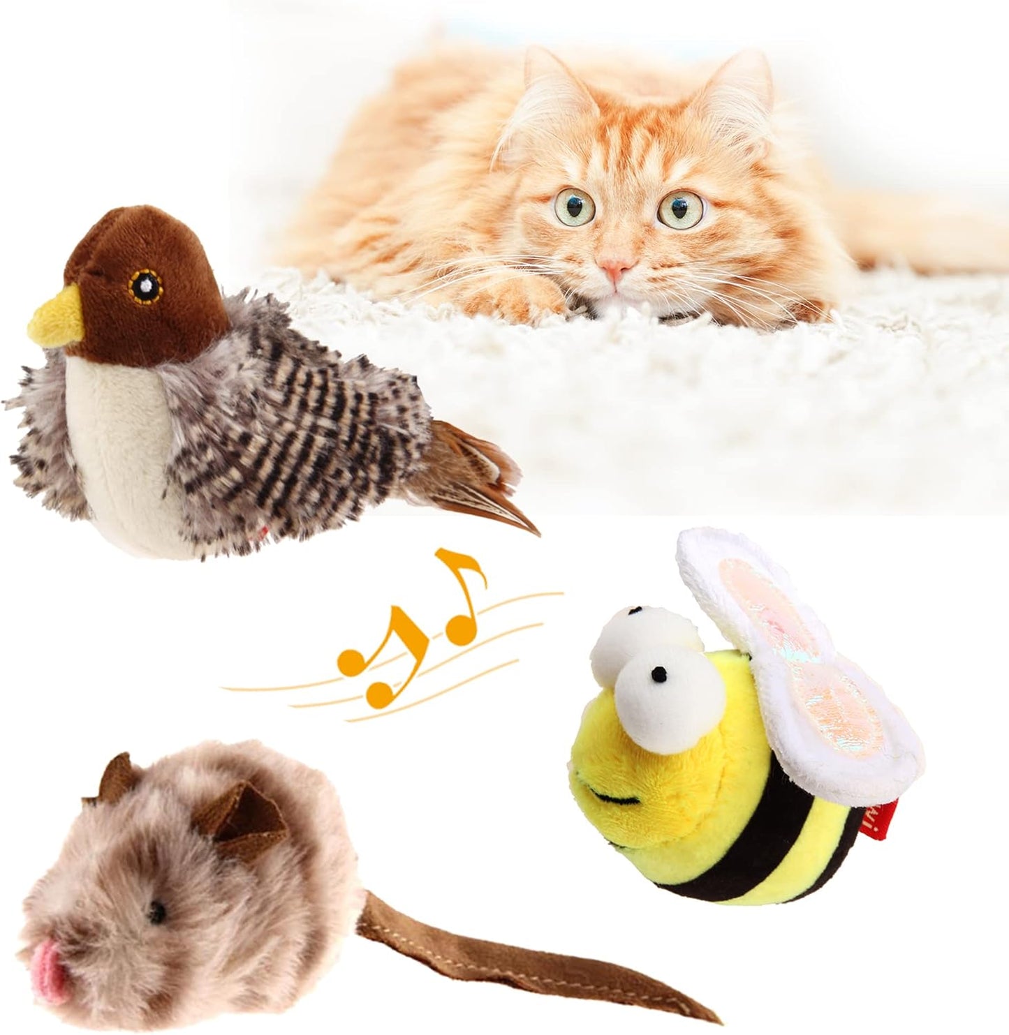 Chirping Bird Cat Toy Set, Interactive Chasing Toy for Indoor Cat, Motion Activated Kitten Play Toys, Squeaky Cats Animal Feather Toy for All Breeds Cats Kicker