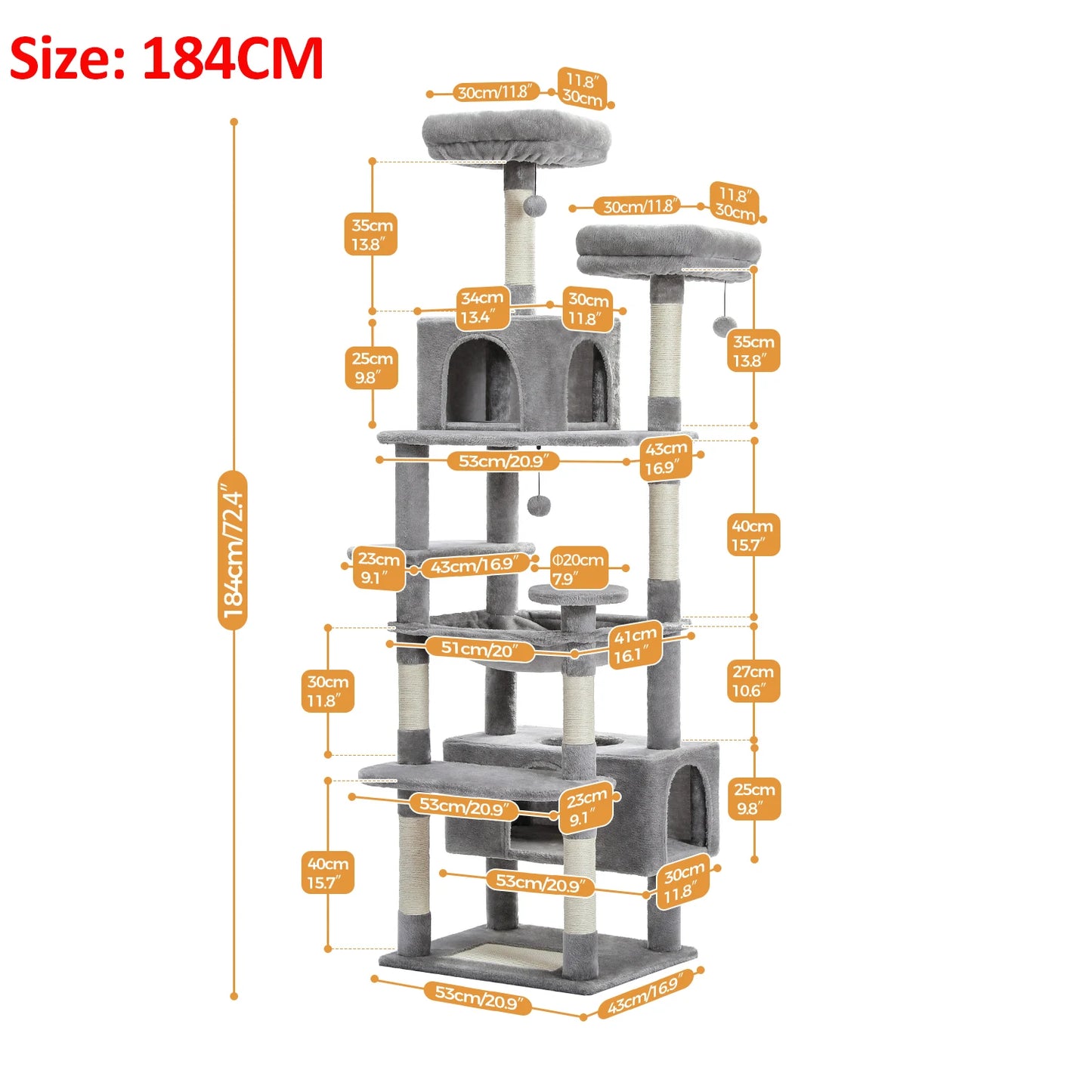 184Cm Large Cat Tree and Tower for Indoor Cats with Sisal-Covered Scratching Posts Spacious Hammock Padded Perches and Condos