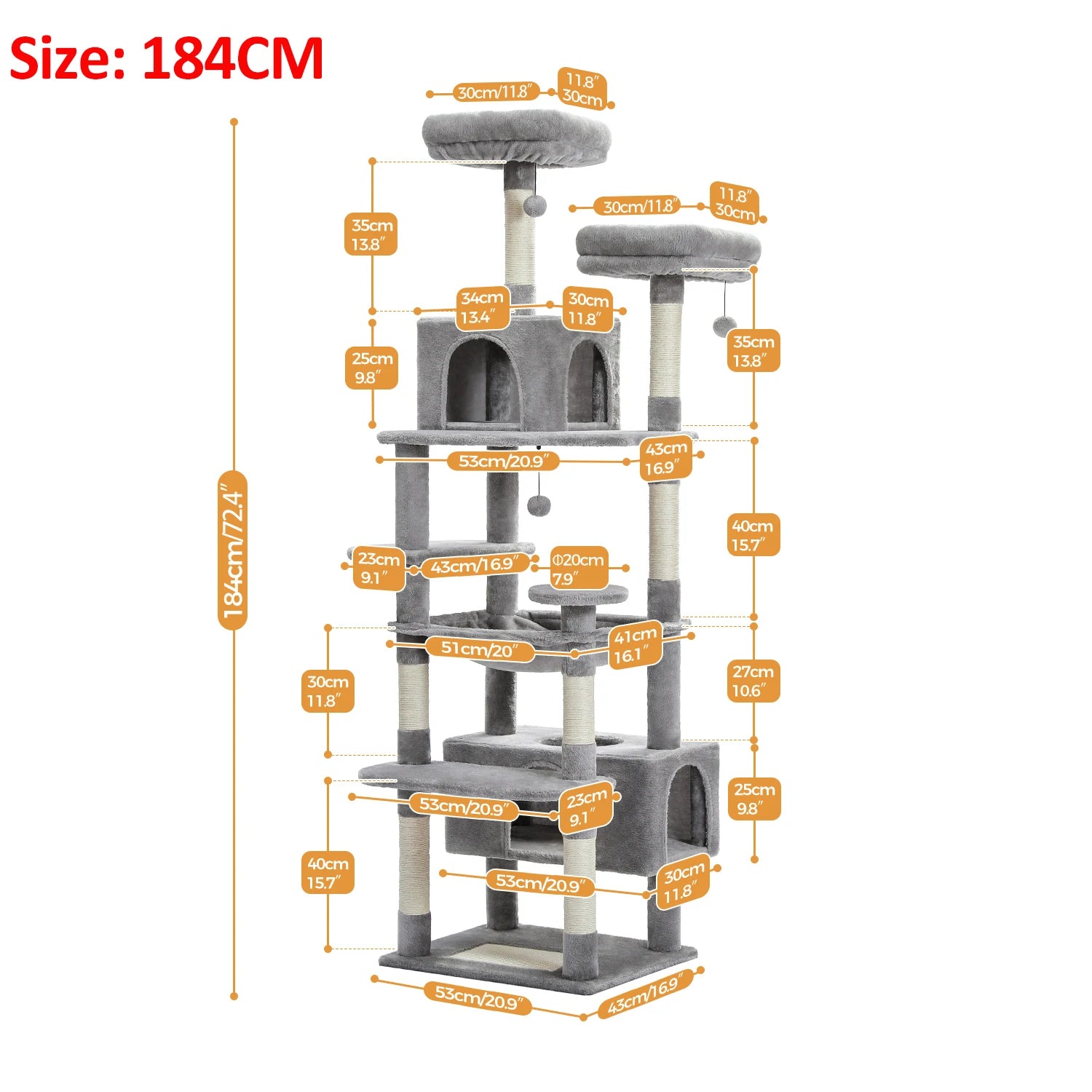 184Cm Large Cat Tree and Tower for Indoor Cats with Sisal-Covered Scratching Posts Spacious Hammock Padded Perches and Condos