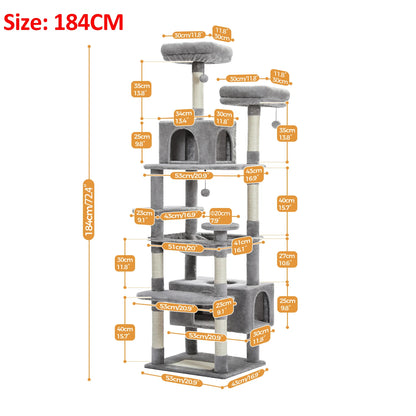 184Cm Large Cat Tree and Tower for Indoor Cats with Sisal-Covered Scratching Posts Spacious Hammock Padded Perches and Condos