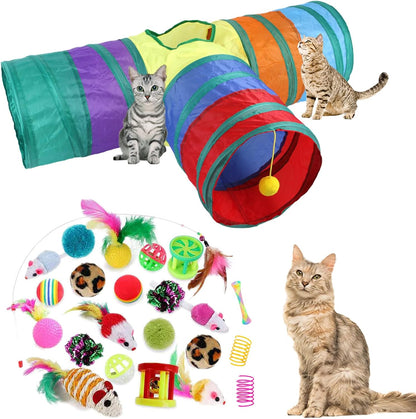 32Pcs Cat Toys Kitten Interactive Pet Toys Assortments, Foldable Rainbow Tunnel, Cat Feather Teaser Wand Interactive Feather Toy Fluffy Mouse Crinkle Balls Bell Play for Cat Puppy Kitty Kitten(2 Way)