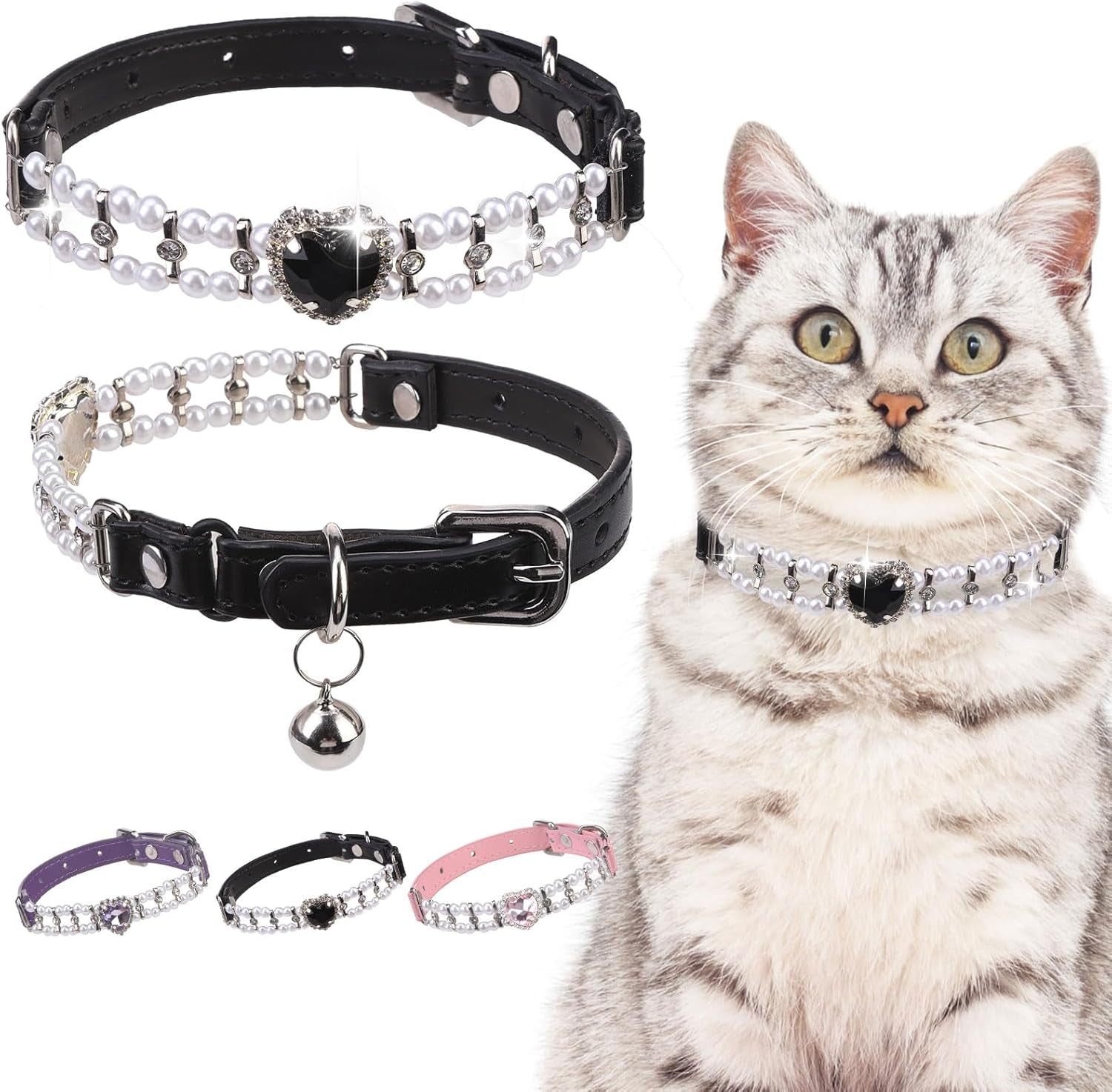 Soft Velvet Safe Cat Collars for Girl Cats -2 Pack Rhinestones Bling Diamante Adjustable Collars Breakaway- Chirstmas Cat Clollar Gifts with Bells for Boy Cats Kitty and Small Dogs