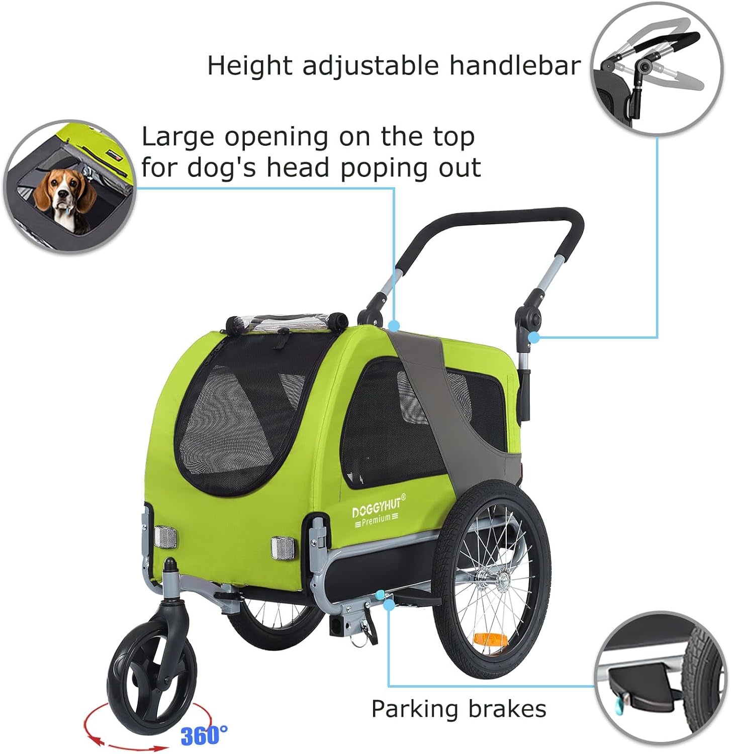 ® Premium M Pet Bike Trailer & Stroller 2-In-1,For Dogs up to 50 Lbs,Parking Brakes,Easy Folding Cart Frame, Universal Bicycle Coupler,E-Bike Friendly