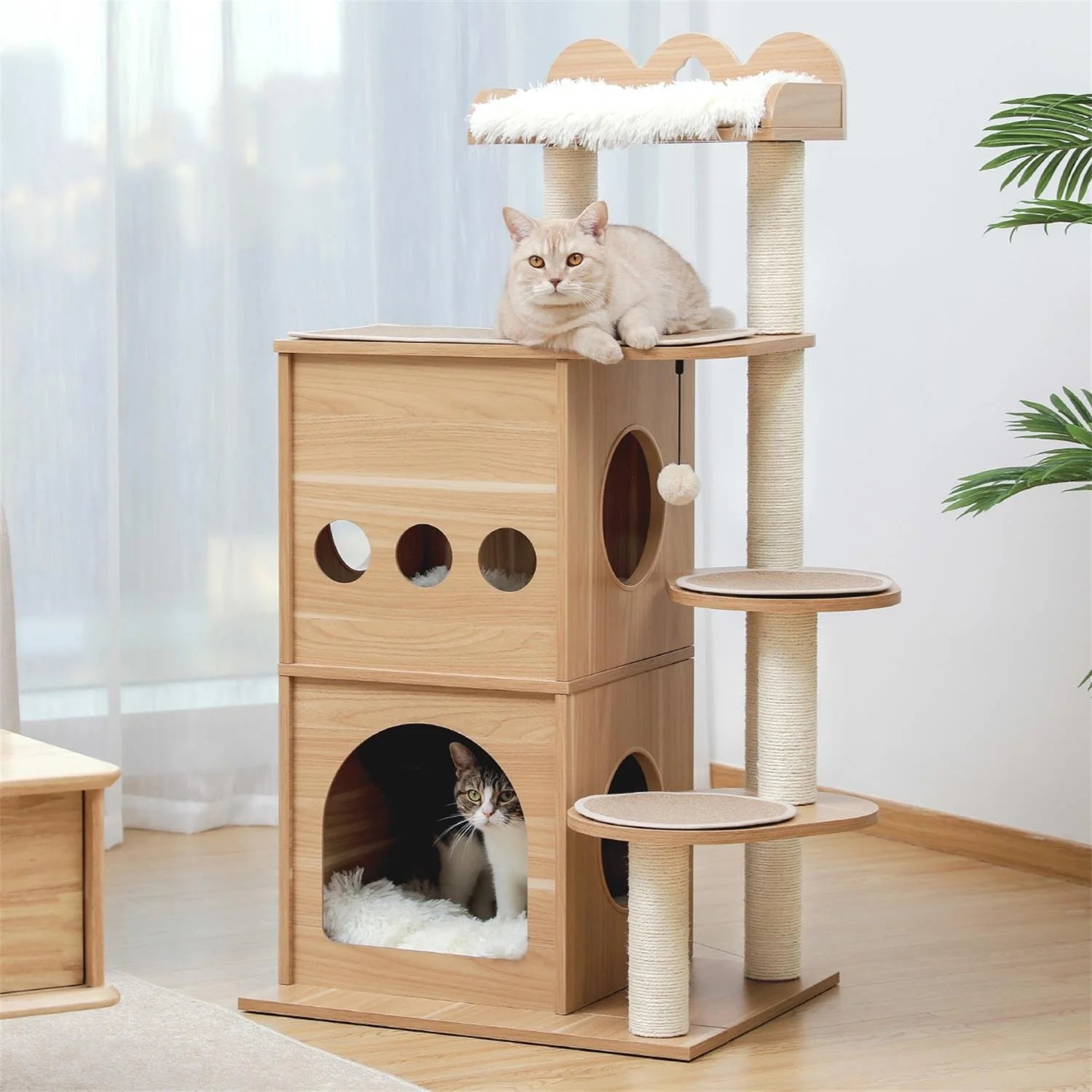 51" Cat Tower for Large Cats Modern Wooden Cat Tree Multi-Level Cat Tree Tower Cat Sky Castle with Cozy Cat Condos, Beige