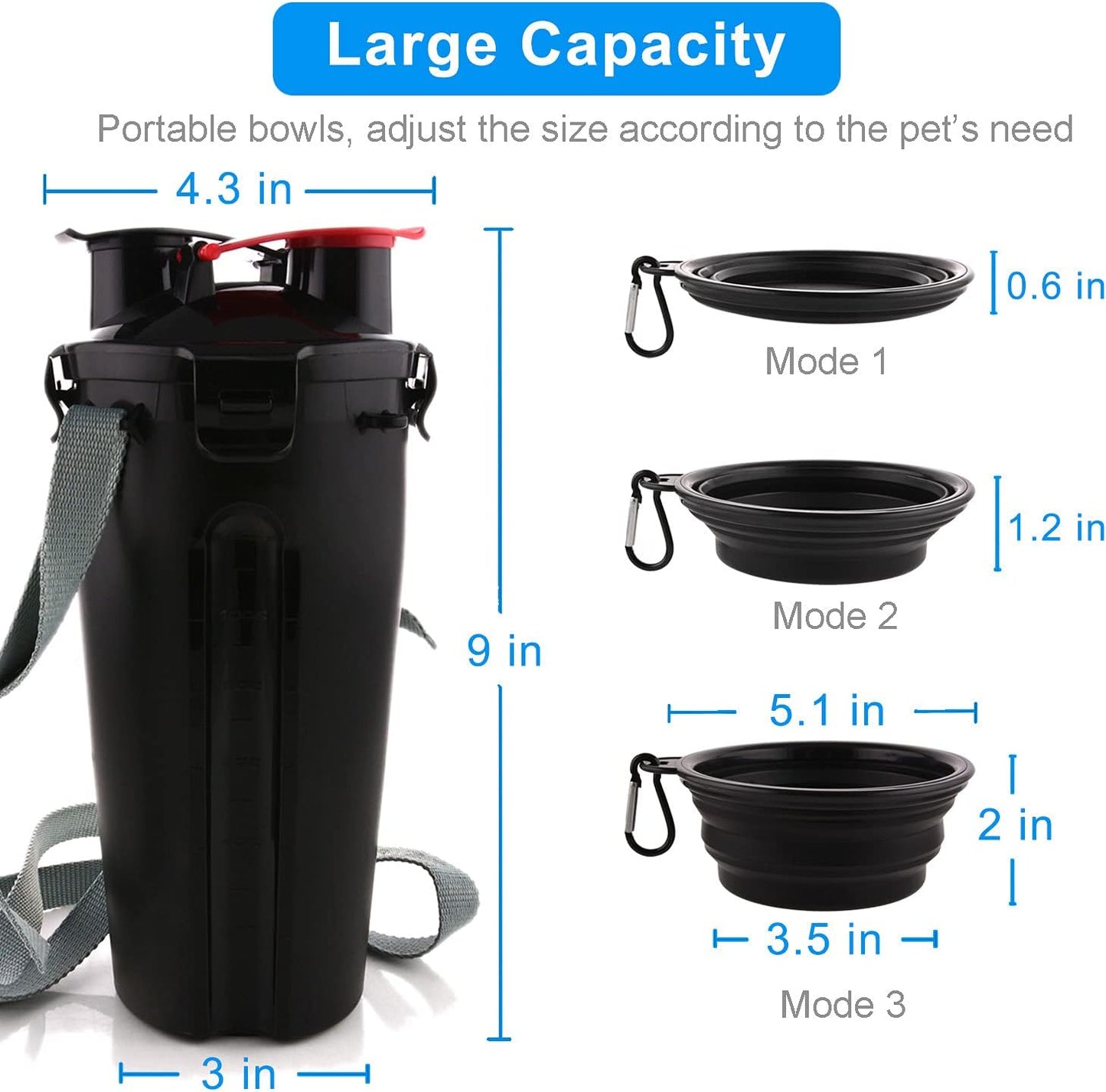 Dog Travel Water Bottle Collapsible Bowls, 2 in 1 Pet Food Container with Collapse Bowls, Outdoor Portable Water Bowls for Walking, Traveling, Camping and Hiking (Black)