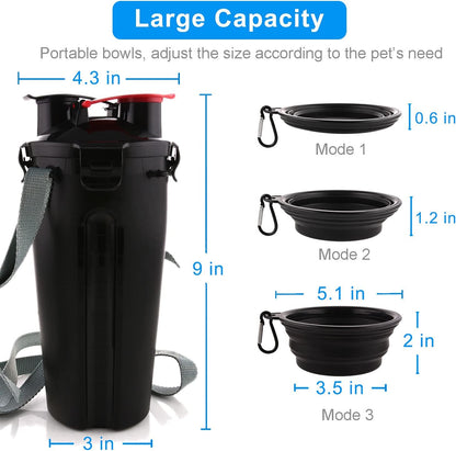 Dog Travel Water Bottle Collapsible Bowls, 2 in 1 Pet Food Container with Collapse Bowls, Outdoor Portable Water Bowls for Walking, Traveling, Camping and Hiking (Black)