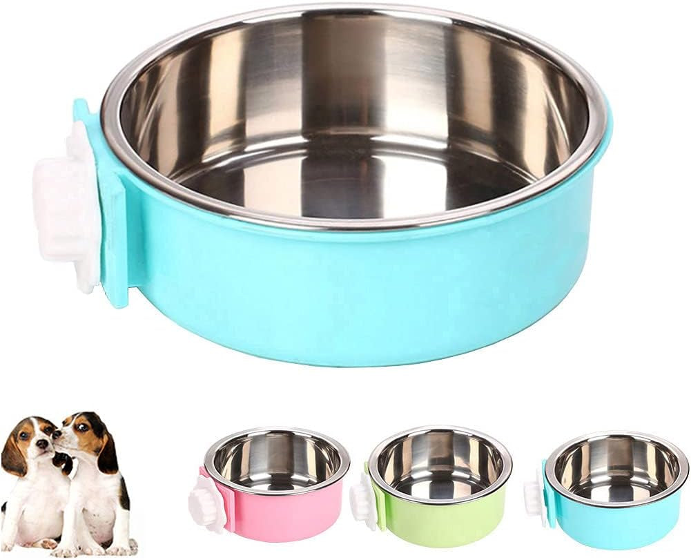 Crate Dog Cat Bowls, Removable Stainless Steel Hanging Pet Cage Bowls for Kennel, Water Food Feeder Cage Coop Cup for Cats, Dogs, Rabbits and Small Animals (Small, Blue)