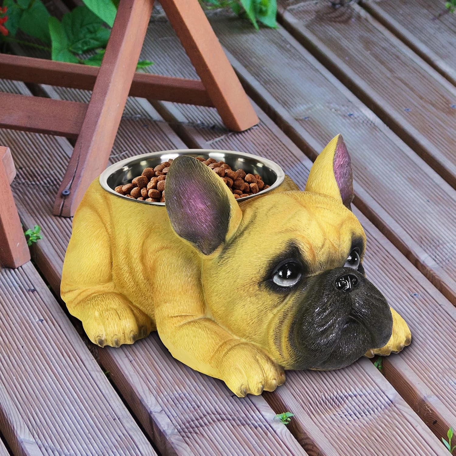 French Bulldog Bowl, Adorable/Durable Resin Dog Décor, Stainless Steel Bowl, 12.5”X9.5”X6.5”