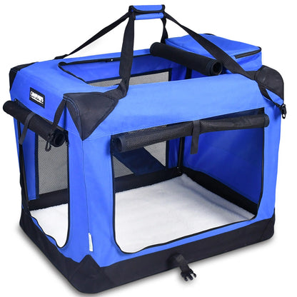 : 30" Soft Pet Crate - Blue - Dogs & Cats up to 50 Lbs, 3 Door Folding Kennel, Indoor Outdoor Travel Carrier, Mesh Windows, Fleece Mat, Goopaws