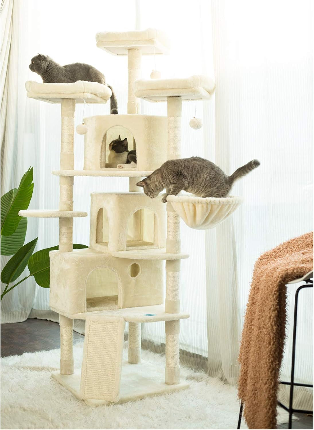 XL Cat Tree, 73.4 Inch Cat Tower with 3 Caves, 3 Cozy Perches, Scratching Posts, Board, Activity Center Stable for Kitten/Big Cat, Beige MPJ032M