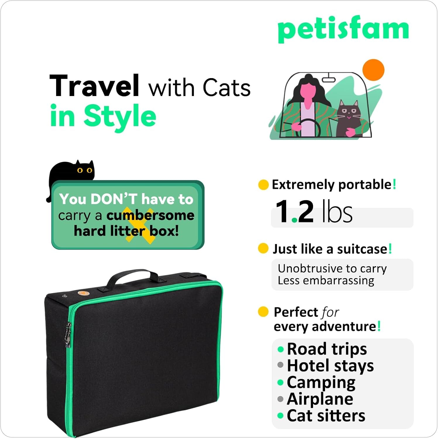 Portable Travel Litter Box for Cats with Lid to Contain Litter and Odor. Easy to Carry, Clean and Store. Easy for Car Travel, Hotle Stays, Flying with Cats