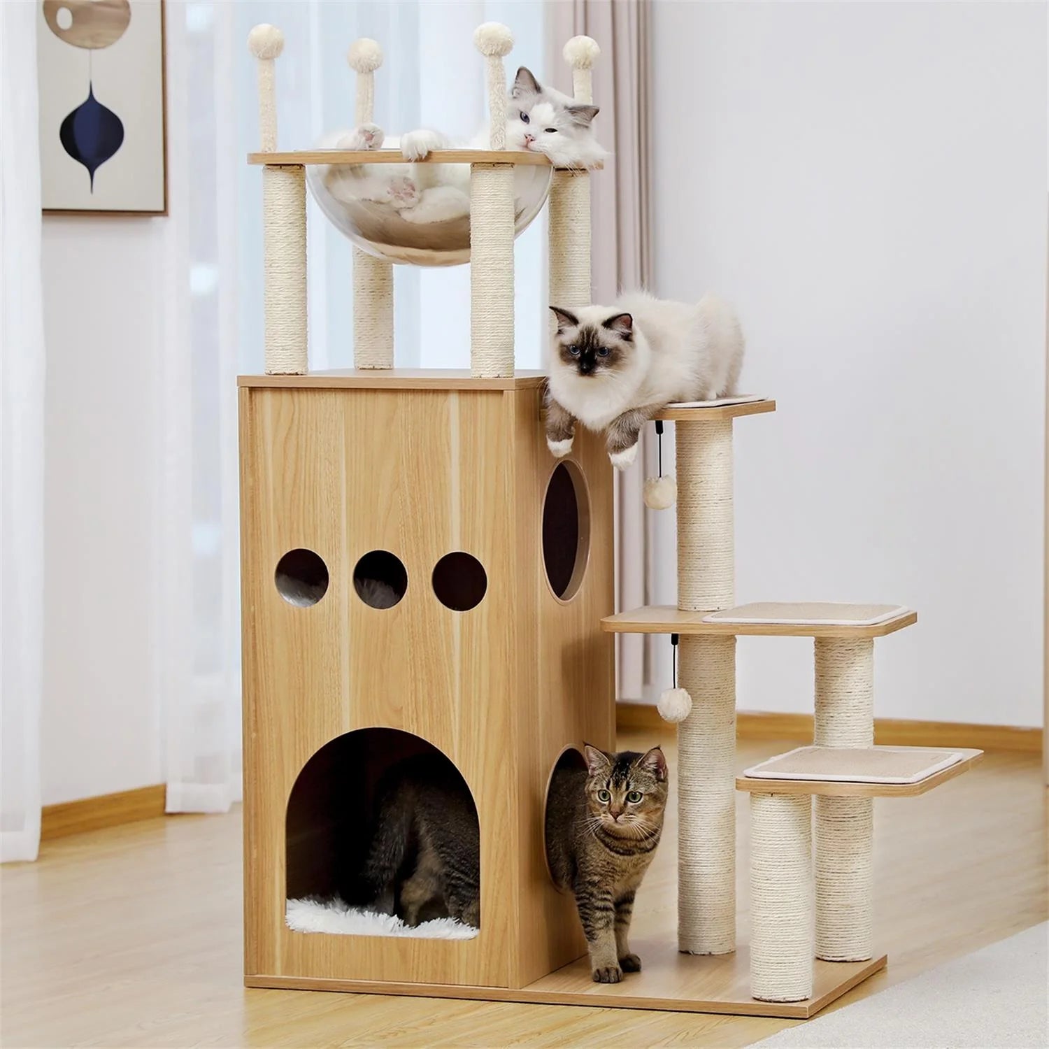 51" Cat Tower for Large Cats Modern Wooden Cat Tree Multi-Level Cat Tree Tower Cat Sky Castle with Cozy Cat Condos, Beige