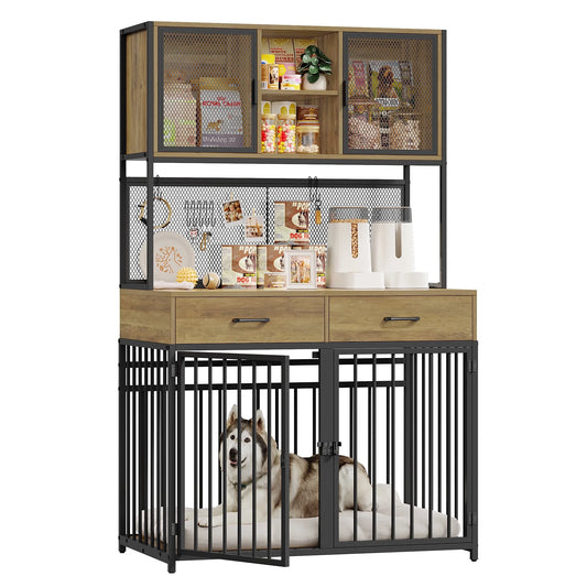 71" Tall Dog Crates Furniture, Indoor Dogs Kennel with Hutch, 42"W Dog Cage Furniture for Large/Medium Dogs, Decorative Sturdy Pet House, Rustic Brown