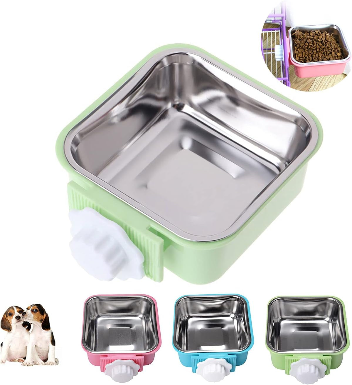 Crate Dog Cat Bowls, Removable Stainless Steel Hanging Pet Cage Bowls for Kennel, Water Food Feeder Cage Coop Cup for Cats, Dogs, Rabbits and Small Animals (Small, Blue)