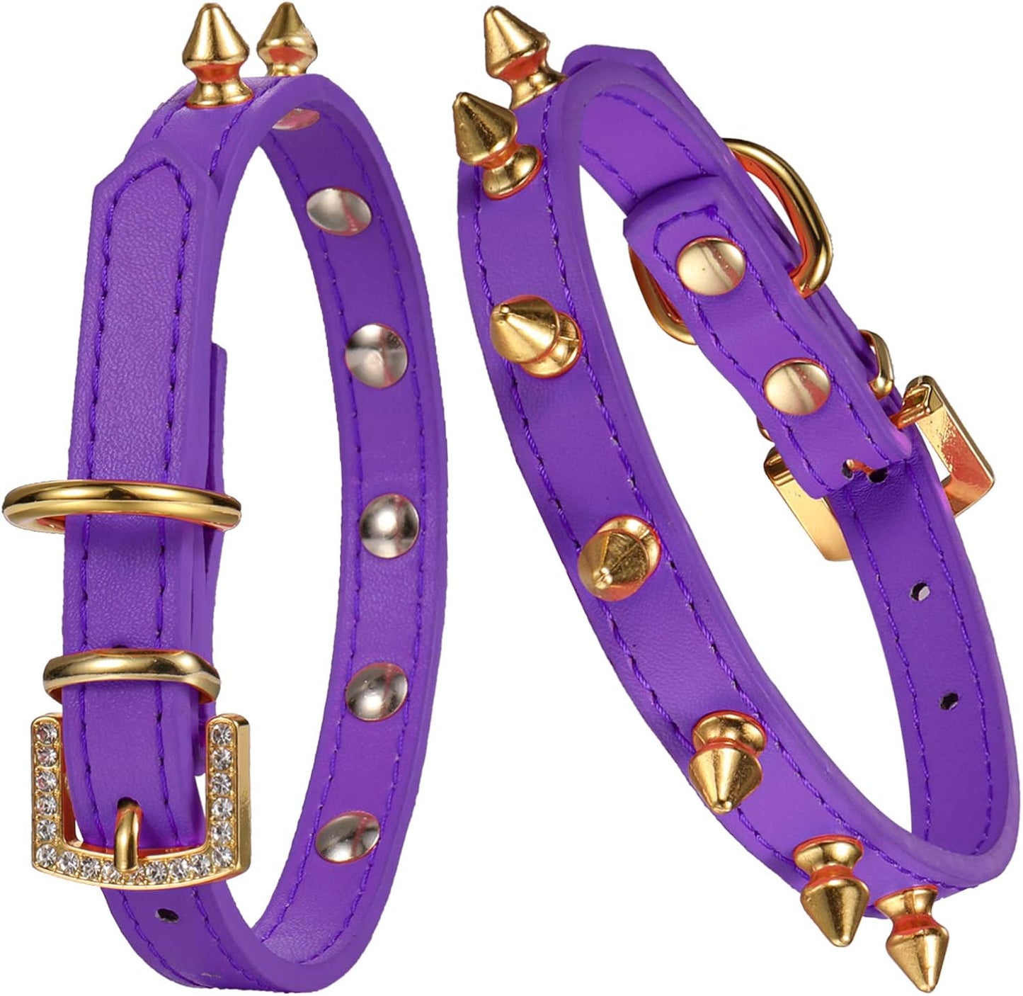 One Row Golden Spiked Studded Leather Dog Collar/Cat Collar with Golden Rhinestone Buckle for Small Dog/Cat Puppy Kitty (Purple, XS)