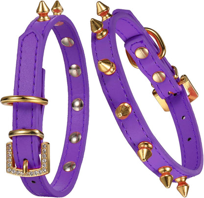 One Row Golden Spiked Studded Leather Dog Collar/Cat Collar with Golden Rhinestone Buckle for Small Dog/Cat Puppy Kitty (Purple, XS)