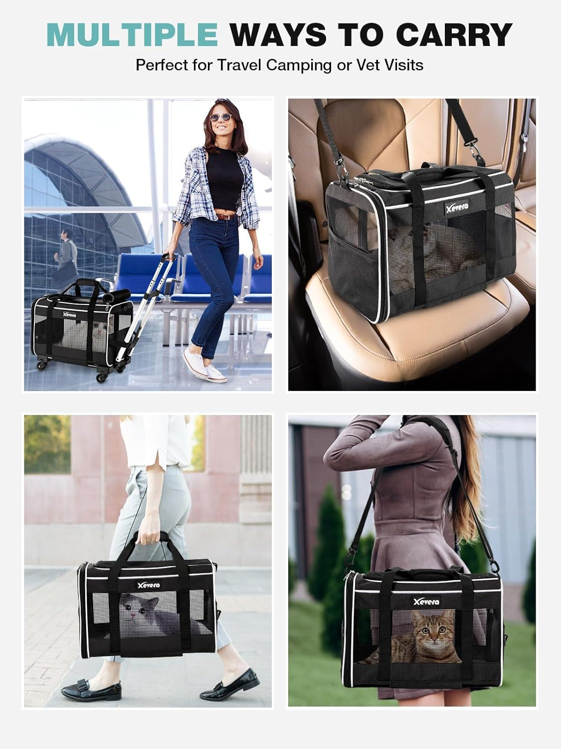 Cat Dog Carrier with Wheels Airline Approved Rolling Pet Carrier with Telescopic Handle, Shoulder Strap and Pet Bowl, Black
