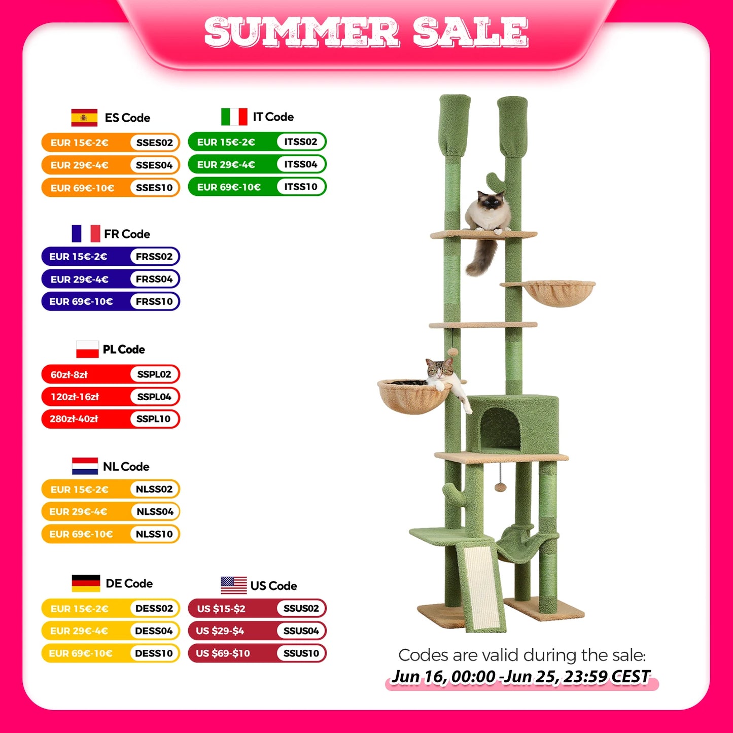 Cactus Cat Tree Floor to Ceiling Cat Tower 7 Tiers Cat Climbing Tree with Cozy Hammocks and Condos 5 Platforms Scratching Posts