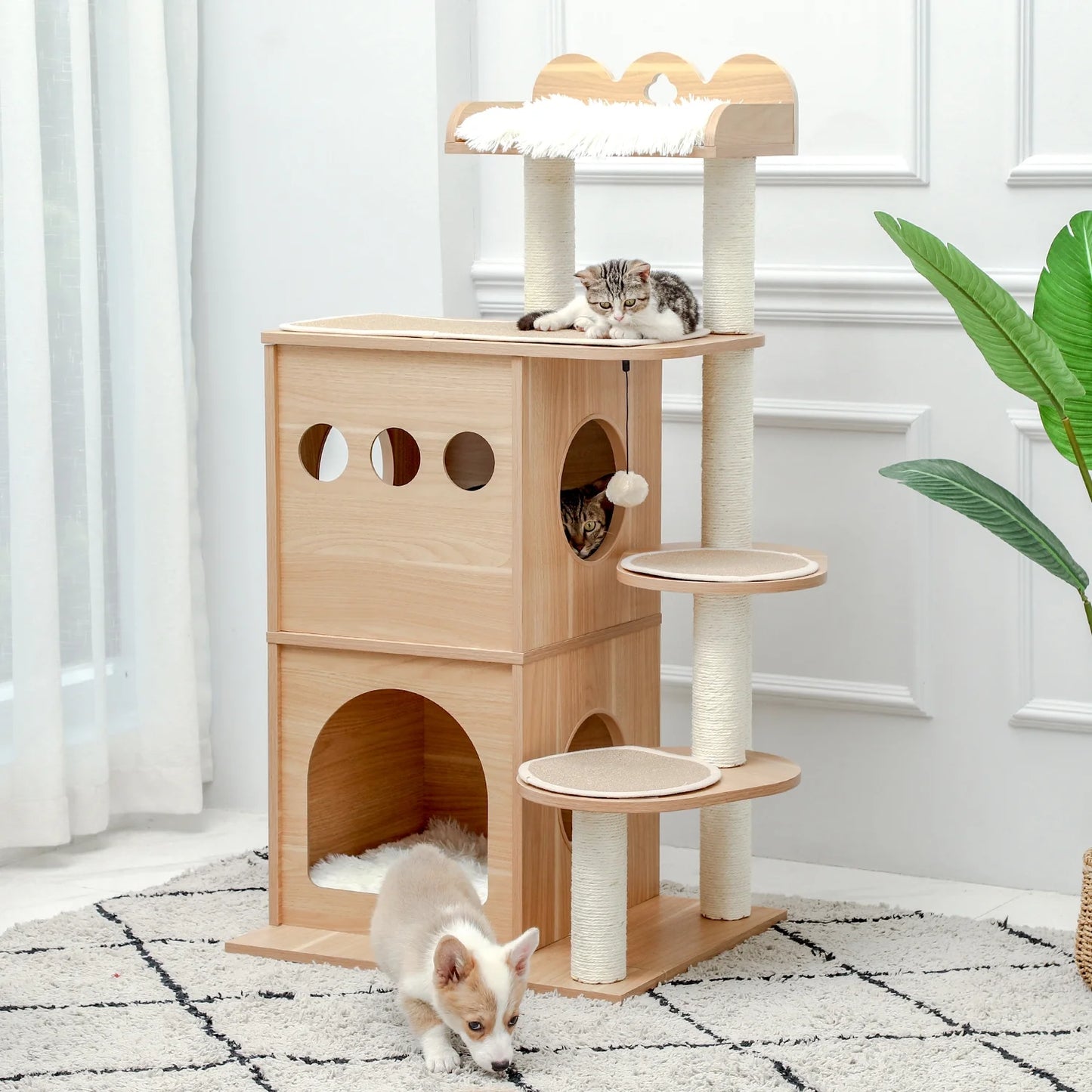 51" Cat Tower for Large Cats Modern Wooden Cat Tree Multi-Level Cat Tree Tower Cat Sky Castle with Cozy Cat Condos, Beige