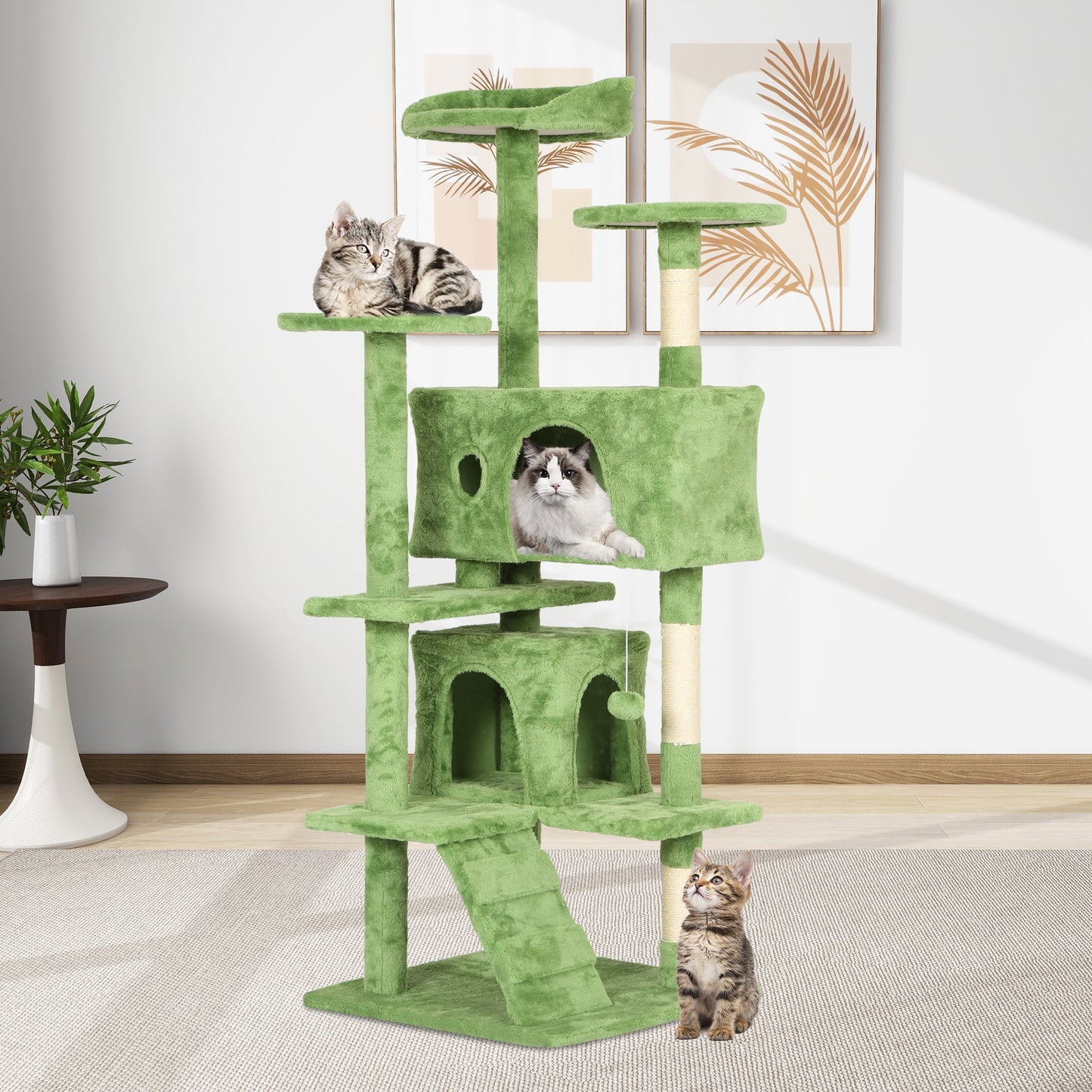 54-In Double Condo Cat Tree Tower Playhouse with Scratching Post & Perch for Indoor, Navy Blue