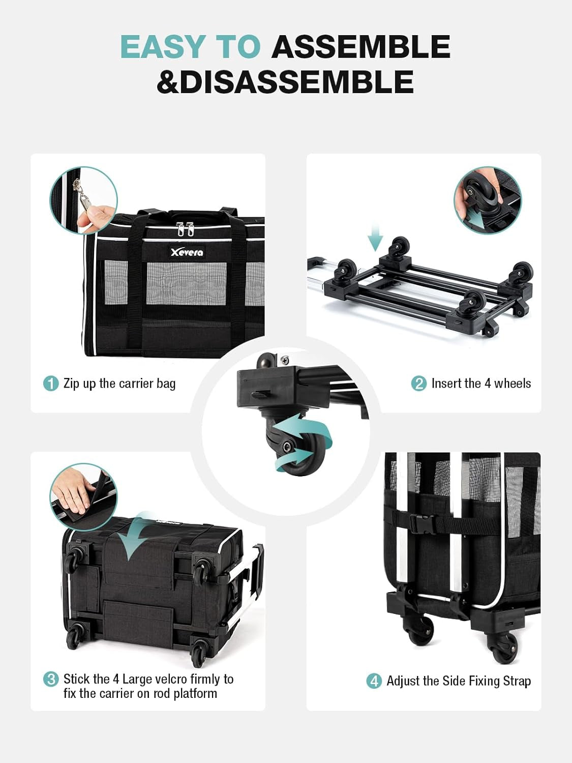 Cat Dog Carrier with Wheels Airline Approved Rolling Pet Carrier with Telescopic Handle, Shoulder Strap and Pet Bowl, Black