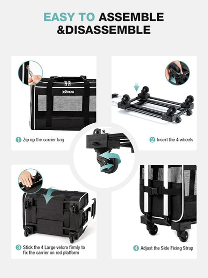 Cat Dog Carrier with Wheels Airline Approved Rolling Pet Carrier with Telescopic Handle, Shoulder Strap and Pet Bowl, Black