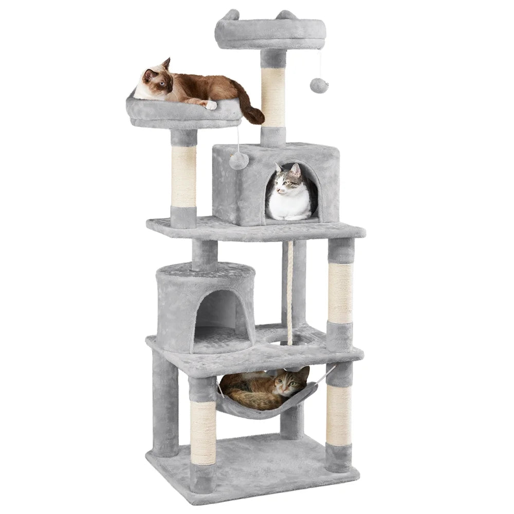 62.2''H Multi Level Cat Tree Tower with Condos Foam-Padded Perches, Light Gray