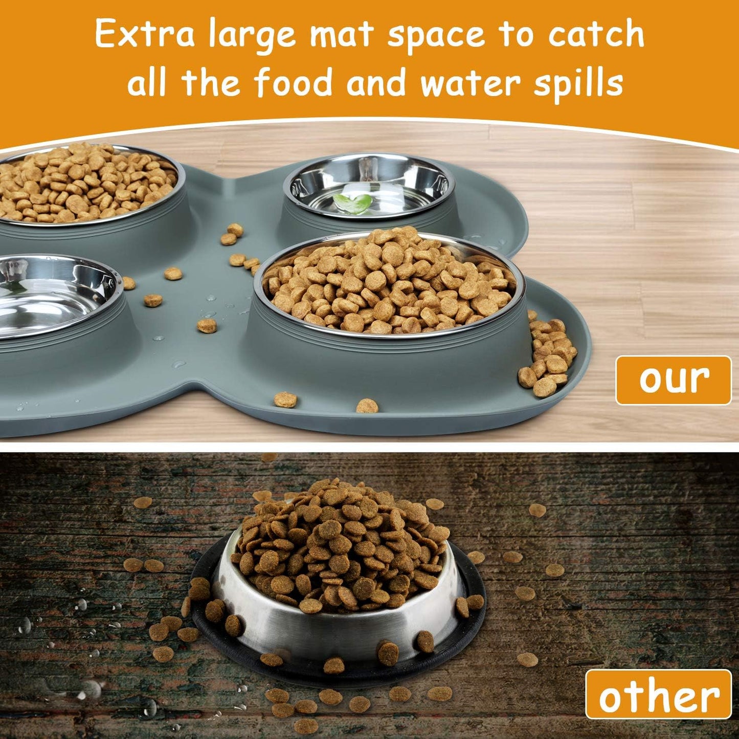 4 Dog Cat Bowls Set Stainless Steel Water and Food Dishes with Non Spill Skid Resistant Silicone Mat for Pets Small Medium Puppy Feeder for Multiple Pets