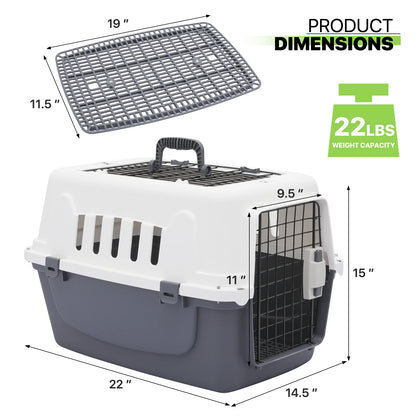 23" Pet Carrier Cage Portable Travel Transport Box, Hard Sided Dog Cat Kennel with Handle and 2 Doors, Airline Approved, White/Grey