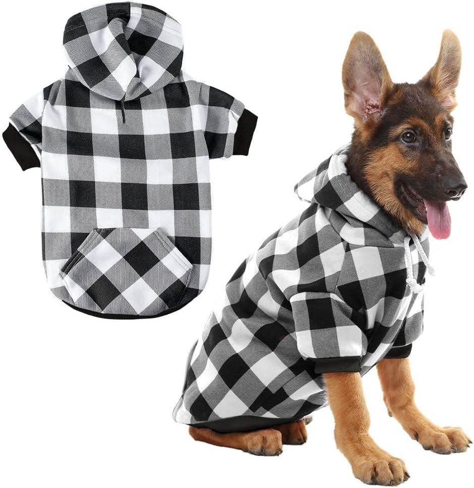 Plaid Dog Hoodie Pet Clothes Sweater with Hat and Pocket for Small Medium Large Size Dogs, Soft Winter Warm Dog Cold Weather Coat, Fleece Fall Dog Hooded Sweatshirt for Puppy Cats, Red XL