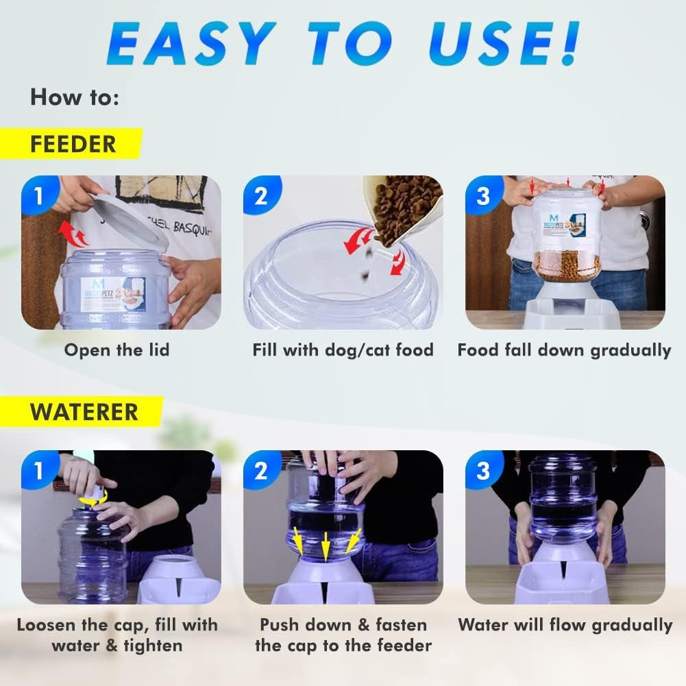Automatic Cat Feeder and Water Dispenser for Dogs, 1 Gallon X 2 Gravity Feed Water Bowl for Cats Max 30Lbs Self Filling Auto Pet Waterer Replenish Opening with Firm Lock