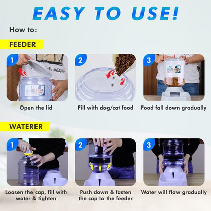 Automatic Cat Feeder and Water Dispenser for Dogs, 1 Gallon X 2 Gravity Feed Water Bowl for Cats Max 30Lbs Self Filling Auto Pet Waterer Replenish Opening with Firm Lock