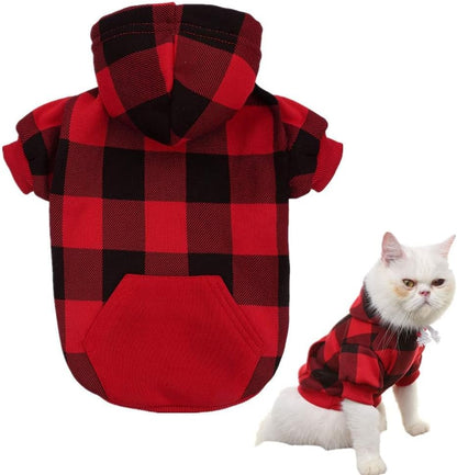 Plaid Dog Hoodie Pet Clothes Sweater with Hat and Pocket for Small Medium Large Size Dogs, Soft Winter Warm Dog Cold Weather Coat, Fleece Fall Dog Hooded Sweatshirt for Puppy Cats, Red XL