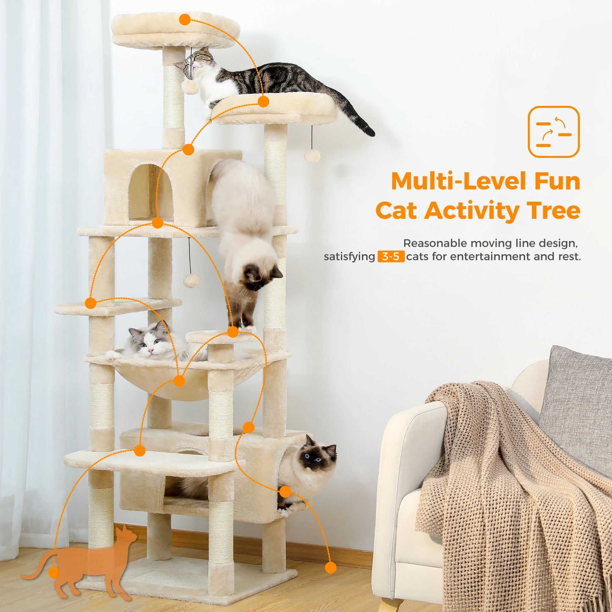 184Cm Large Cat Tree and Tower for Indoor Cats with Sisal-Covered Scratching Posts Spacious Hammock Padded Perches and Condos