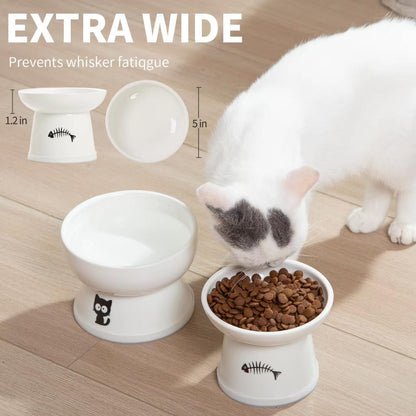 Raised Cat Food and Water Bowl Set, Whisker Friendly Elevated Ceramic Cats Feeder Bowls with anti Slip Ring, Anti-Vomiting Shallow High Porcelain Pet Kitten Dish, Dishwasher Safe(White)