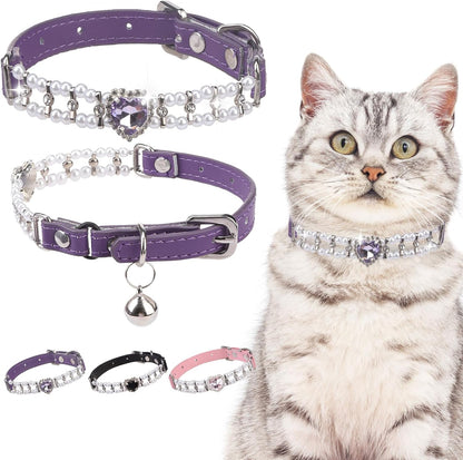 Soft Velvet Safe Cat Collars for Girl Cats -2 Pack Rhinestones Bling Diamante Adjustable Collars Breakaway- Chirstmas Cat Clollar Gifts with Bells for Boy Cats Kitty and Small Dogs