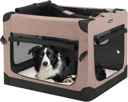 30 Inch Folding Soft Dog Crate, 4-Door Portable Collapsible Pet Kennel Travel Dog Crate for Medium Dogs, 5 X Durable Mesh Screen, 600D Oxford Fabric, Indoor & Outdoor Use, Brown, CWB2428CP
