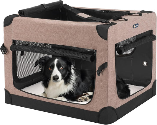 30 Inch Folding Soft Dog Crate, 4-Door Portable Collapsible Pet Kennel Travel Dog Crate for Medium Dogs, 5 X Durable Mesh Screen, 600D Oxford Fabric, Indoor & Outdoor Use, Brown, CWB2428CP