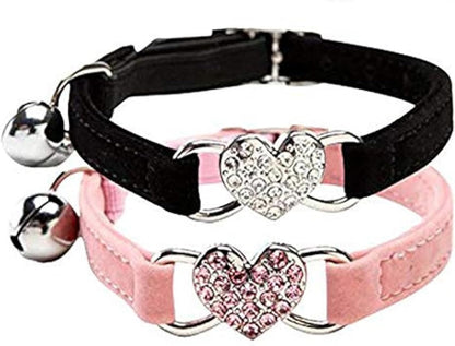 Pink Soft Velvet Safe Cat Adjustable Collar with Crystal Heart Charm and Bells 8-11 Inches(Black+Red+Pink+Blue)