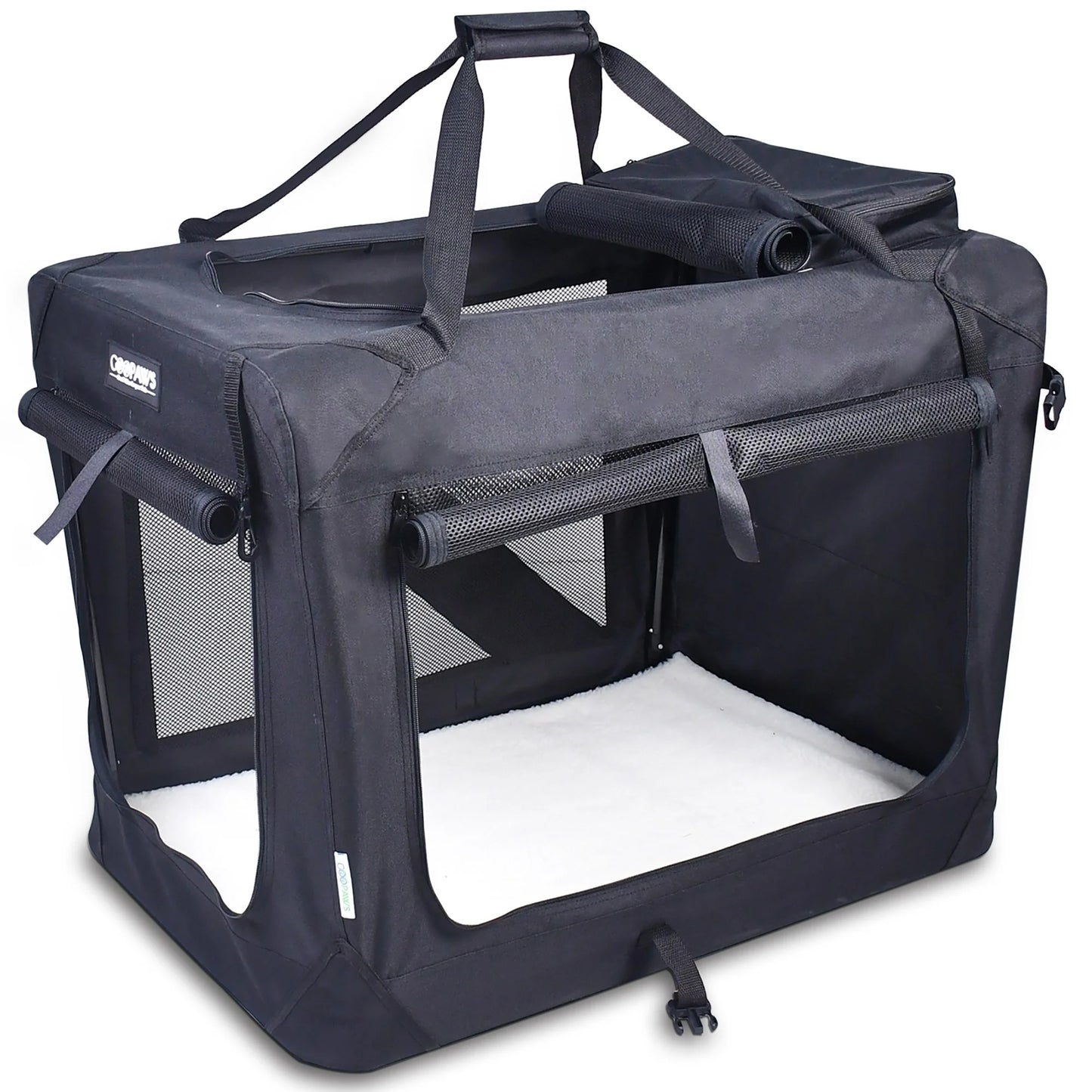 : 30" Soft Pet Crate - Blue - Dogs & Cats up to 50 Lbs, 3 Door Folding Kennel, Indoor Outdoor Travel Carrier, Mesh Windows, Fleece Mat, Goopaws