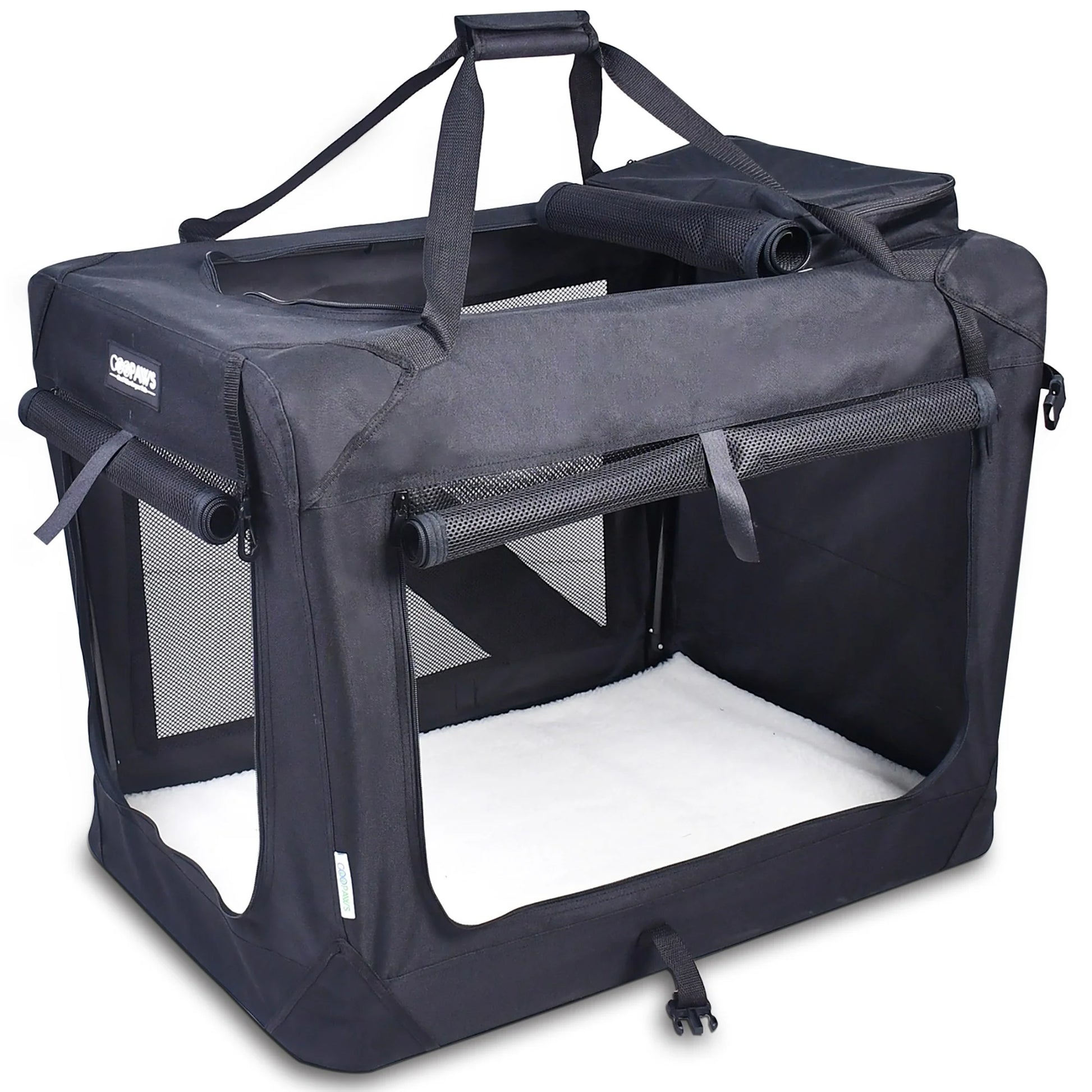 : 30" Soft Pet Crate - Blue - Dogs & Cats up to 50 Lbs, 3 Door Folding Kennel, Indoor Outdoor Travel Carrier, Mesh Windows, Fleece Mat, Goopaws