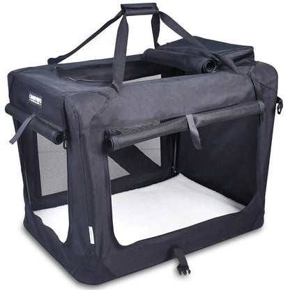 : 30" Soft Pet Crate - Blue - Dogs & Cats up to 50 Lbs, 3 Door Folding Kennel, Indoor Outdoor Travel Carrier, Mesh Windows, Fleece Mat, Goopaws