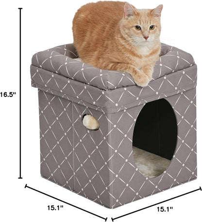 Cat Cube - Cat House/Cat Condo in Fashionable Mushroom Diamond Print, 15.5L X 15.5W X 16.5H Inches